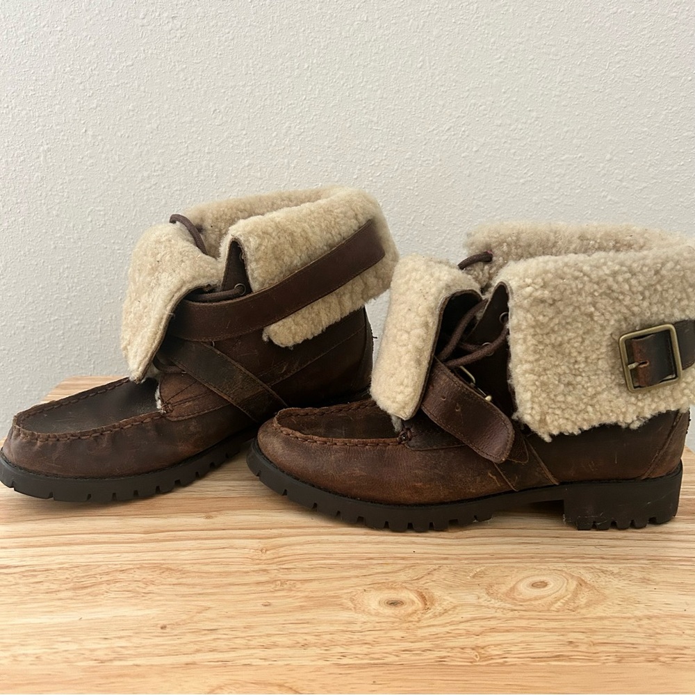 Ralph Lauren Brown Leather Shearling Boots | Cozy Winter Buckle Boots Size 7 - Picture 3 of 12